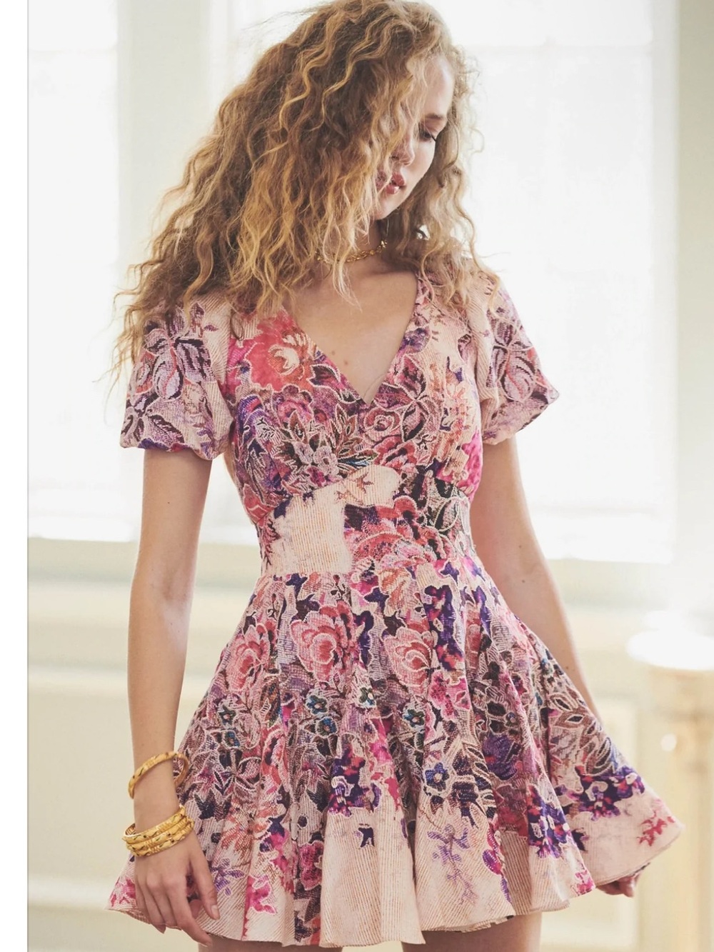 HEMANT & NANDITA Pink Floral V-Neck Mini Dress
